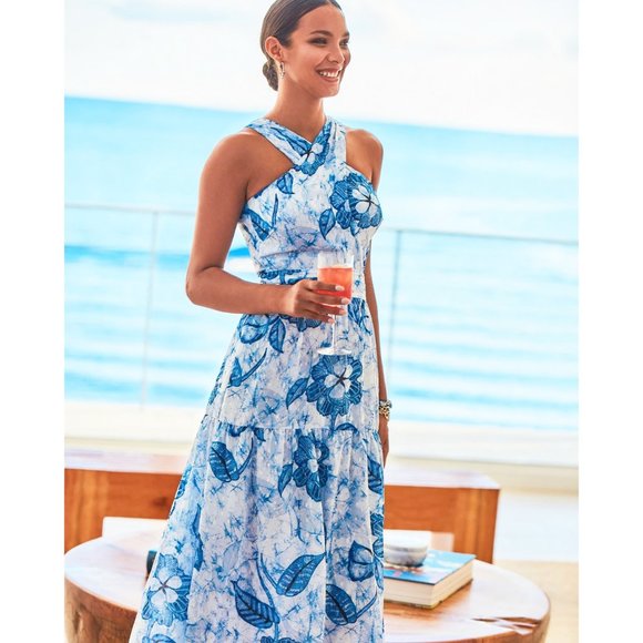 NWT WHBM Blue Floral Batik Halter Midi Dress Size 2 - Picture 5 of 9